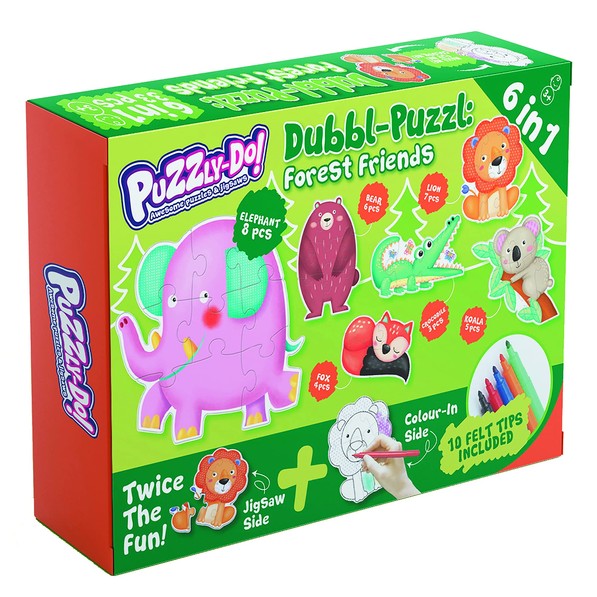 Dubbl-Puzzl Forest Friends. 6 Large Piece Animal Jigsaws For Young Children Aged 3+. Flip Them To Colour Them. With 10 Felt Tip Pens. Jigsaw Puzzle For 2-6 Y.ear Olds