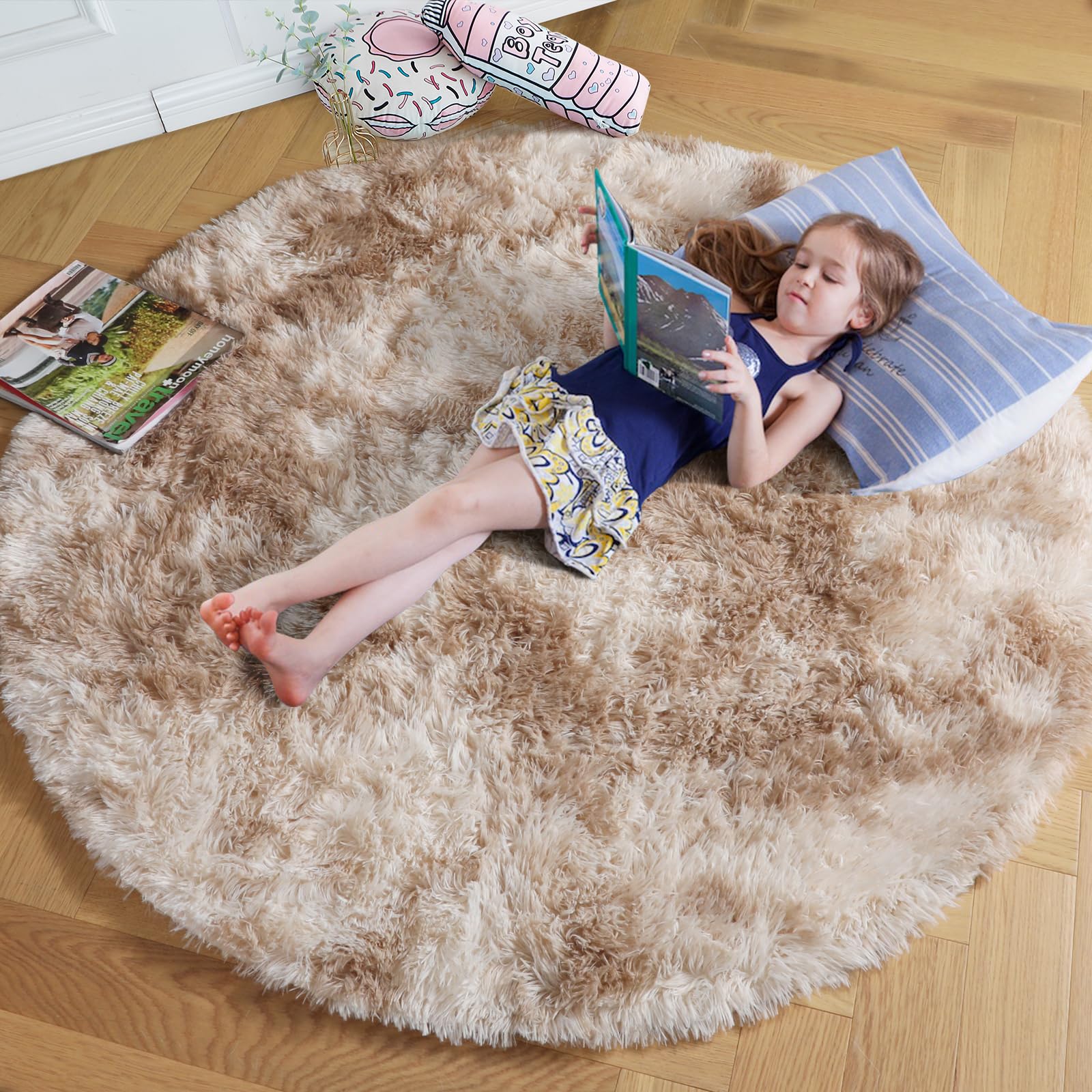 Photo 1 of Amdrebio Tie-Dyed Beige Tan Round Circle Area Rug 5Ft for Bedroom, Fluffy Plush Shag Furry Rugs for Kids Room, Living Room Decor Aesthetic, Cute Fuzzy Neutral Carpet for Baby Nursery Playroom Dorm