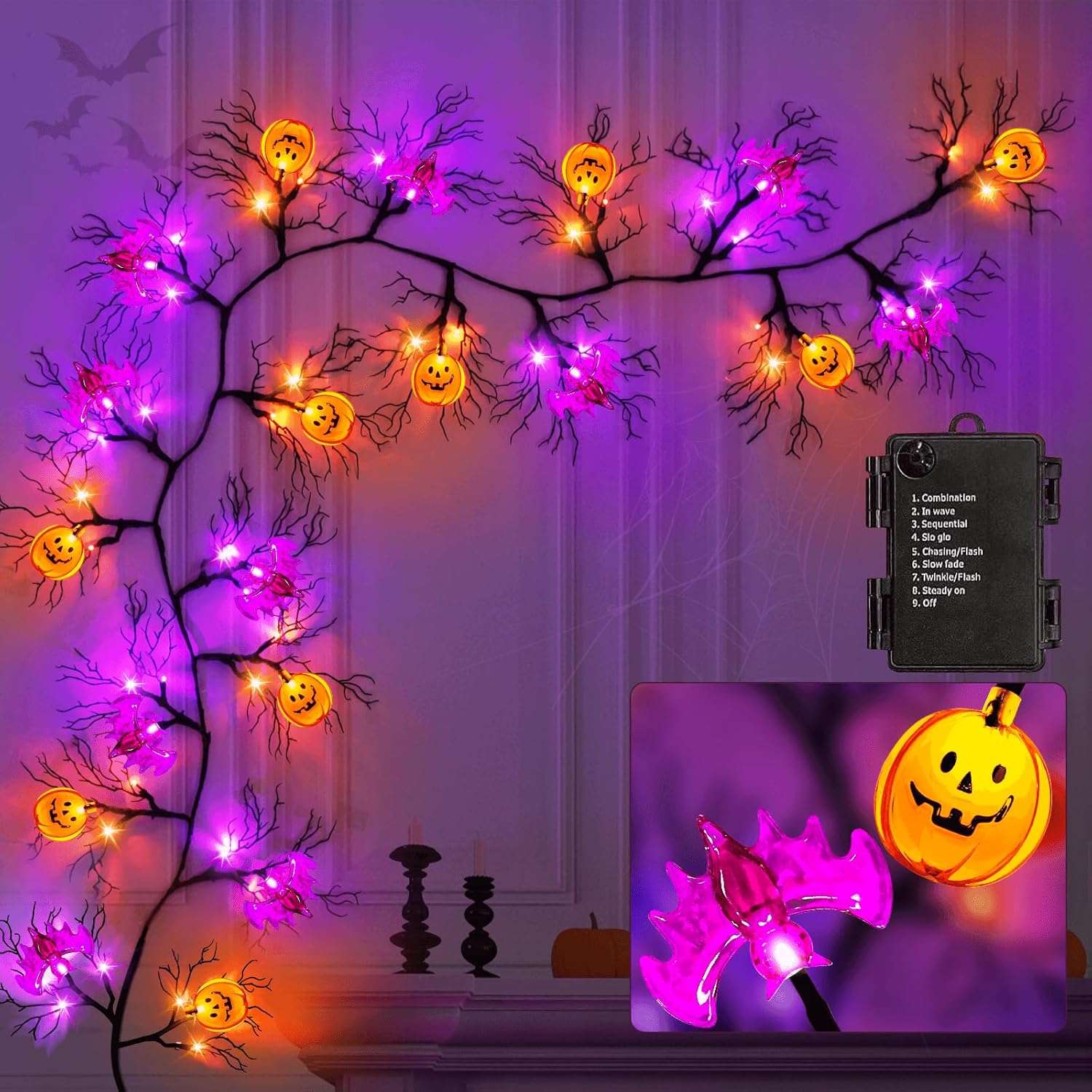 Wreaths, Garlands & Swags - 6 Ft 8 Modes & Timer Halloween Willow Vine Twig Garland with 45 LED Orange & Purple Lights 8 Bats & Pumpkin,Halloween Garland with Waterproof Battery Operated for Home Wall Fireplace Decorations