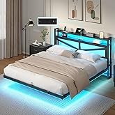 YITAHOME Full Size Floating Bed Frame with USB Charging Station Storage Headboard and with Led Light, Heavy Duty Metal Platform Bed Frame, No Box Spring Needed, Easy Assembly and Noise Free, Black