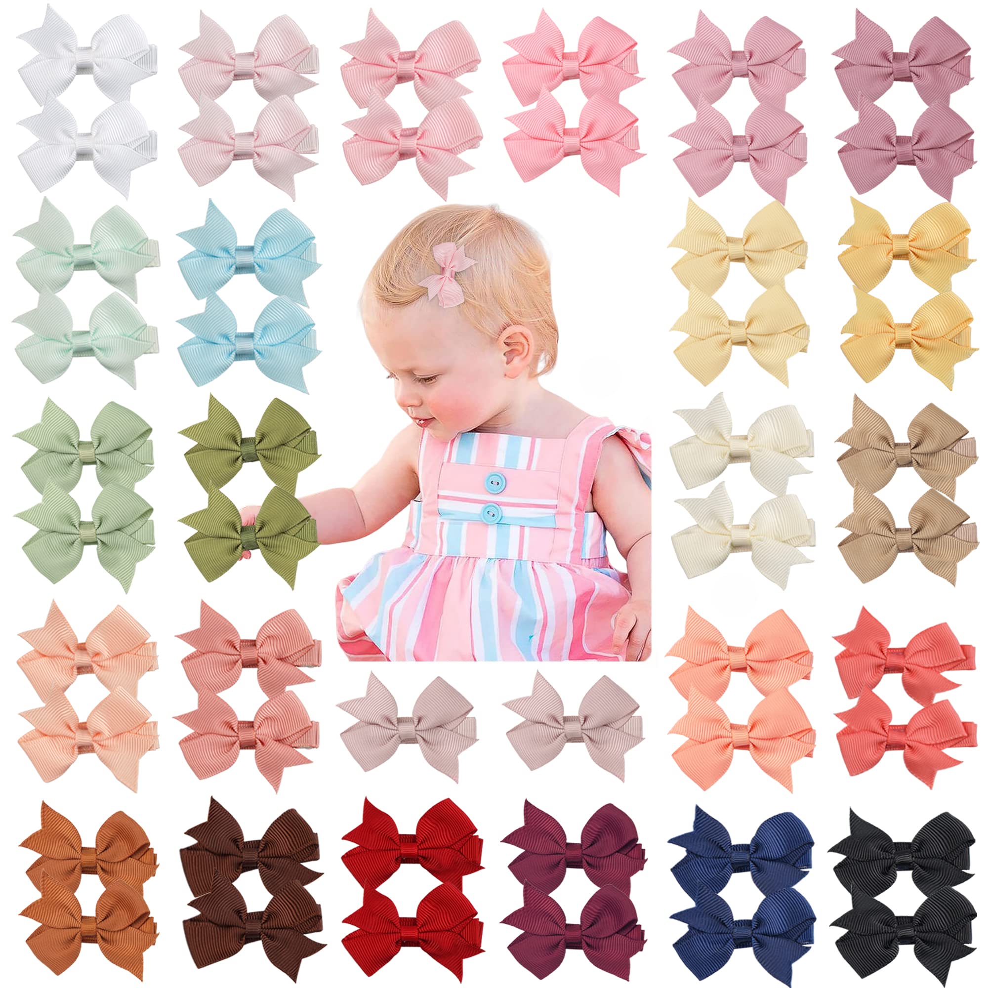 JOYOYO 50 Pcs Baby Hair Clips Small Size 2 Inch Craft Toddler Girls Hair Bows - Full Ribbon Covered Hair Clips Non-slip & Safe Pastel Colors