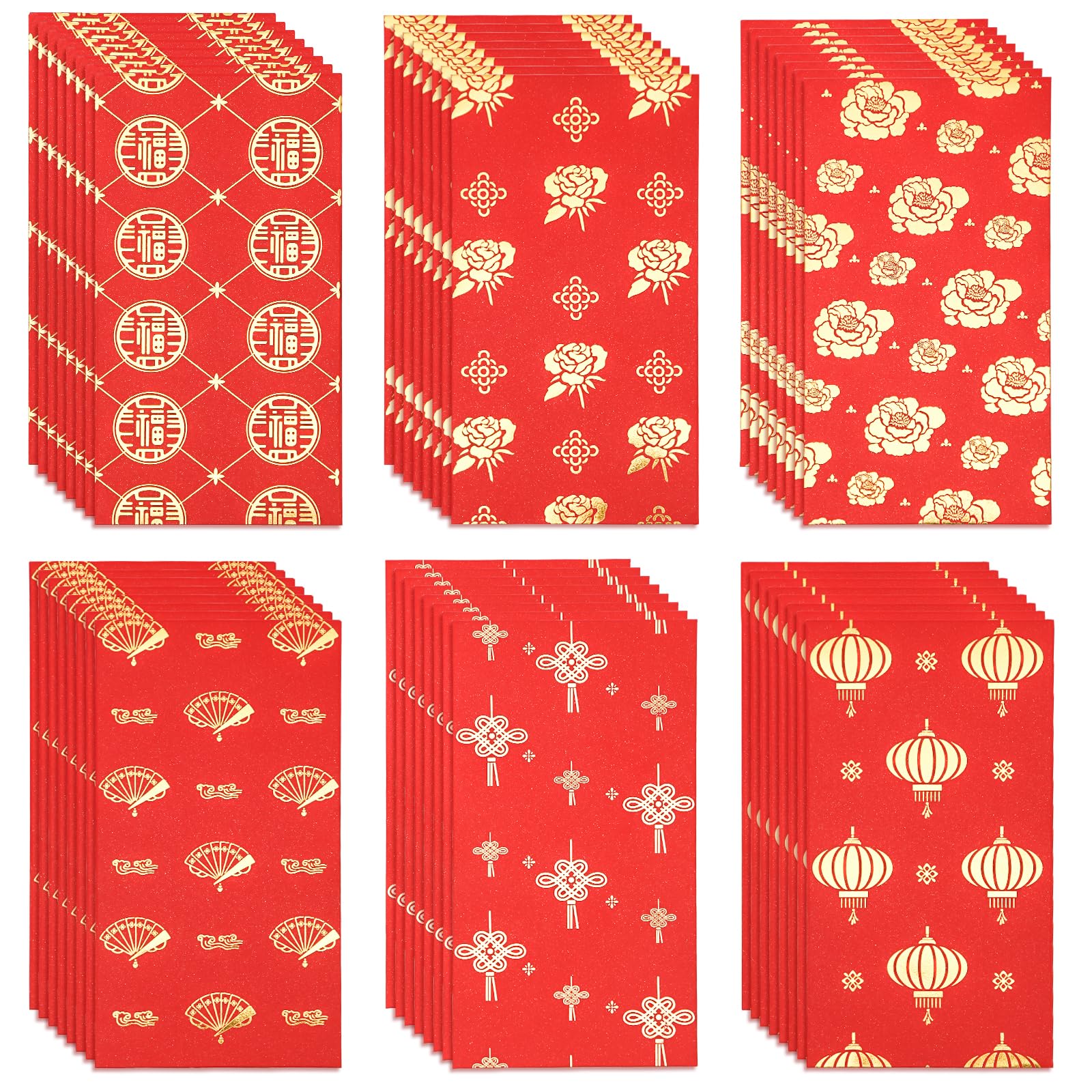 Photo 1 of 48pcs Chinese New Year Red Envelopes, 3.54x6.61in 2024 Red Packet Hong Bao Gift Chinese Lucky Money Envelopes with 6 Design for Lunar Year Spring Festival Birthday Wedding Party