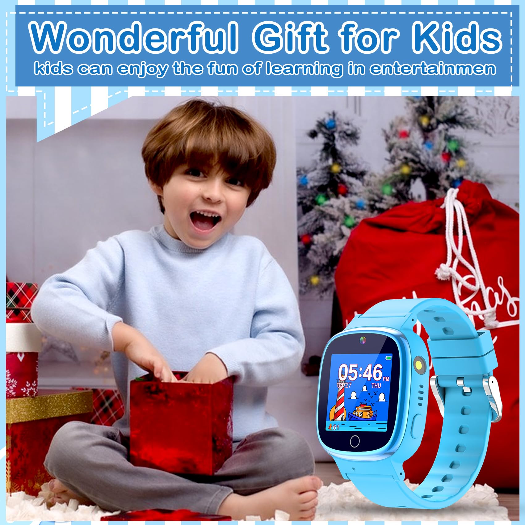 Kids Watch with 24 Puzzle Games, HD Touch Screen Smart Watches for Kids with Camera Video Music Player Pedometer Flashlight Alarm, 12/24hr Watch for Boys, for Boys 3-12, Blue