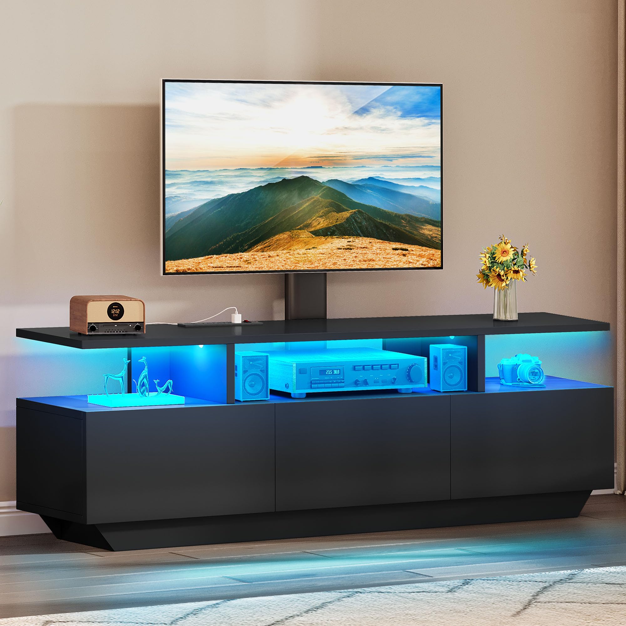 View 1 of *** NO RETURNS / FUINAL SALE** YITAHOME Modern TV Stand with Mount, Entertainment Center with Power Outlet for 65 inch TVs, LED Lights TV Console with Storage for Living Room, Black