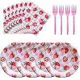ZJJZOAA 75 Pcs Strawberry Party Supplies,7 Inch Party Dessert Plates Forks and Napkins for Birthday Party Supplies,Fruit Themed Tableware Set for Kids 25 Guests