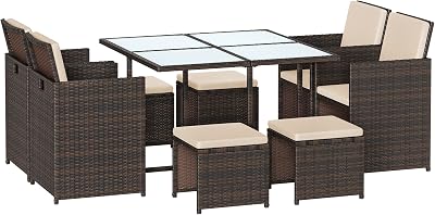SONGMICS Garden Furniture Set 9 PE Rattan Outdoor Table Chairs Brown Beige