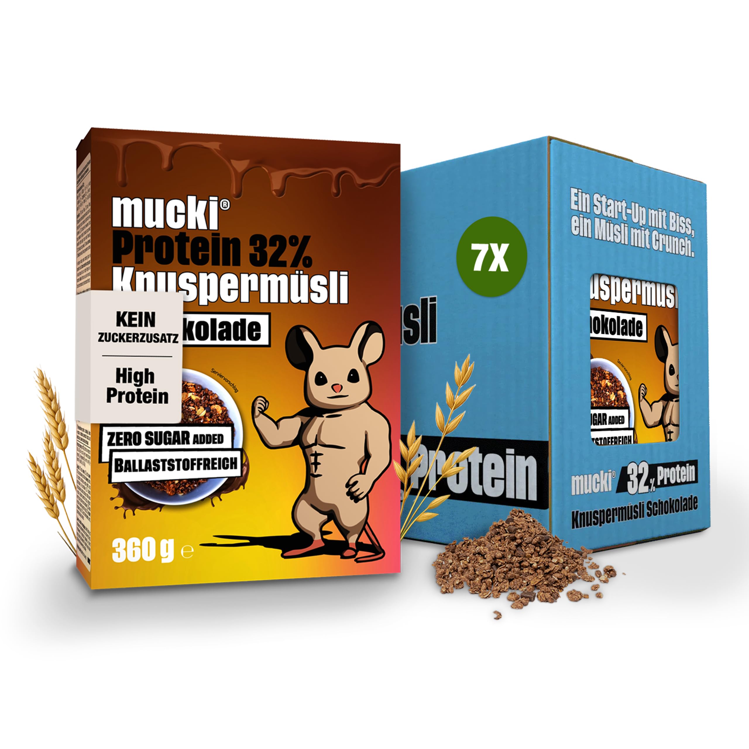mucki Protein Knuspermüsli mit Schokolade 360g x 7-7er Pack – Hochwertiges Protein Müsli ohne Zucker – Proteinreiches Schokomüsli mit 32% Proteingehalt, Haferflocken, Sojacrispies und Ballaststoffen