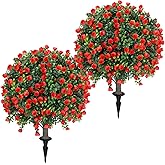 Artificial Red Rose Topiary Ball Tree 25" with Ground Spike, Set of 2 Artificial Boxwood Bushes for Faux Shrubs, Fake Evergreen Faux Plant for Indoor Outdoor Porch Garden -UV Resistant–Fade-Proof