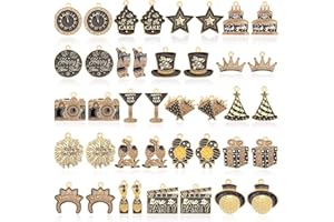 MARFOREVER 40Pcs/20 Pairs New Year Charms for Jewelry Making, New Year’s Eve Clock Hat Star Champagne Flute Glittery Enamel Pendants for Bracelet Necklace Earrings Making Accessories