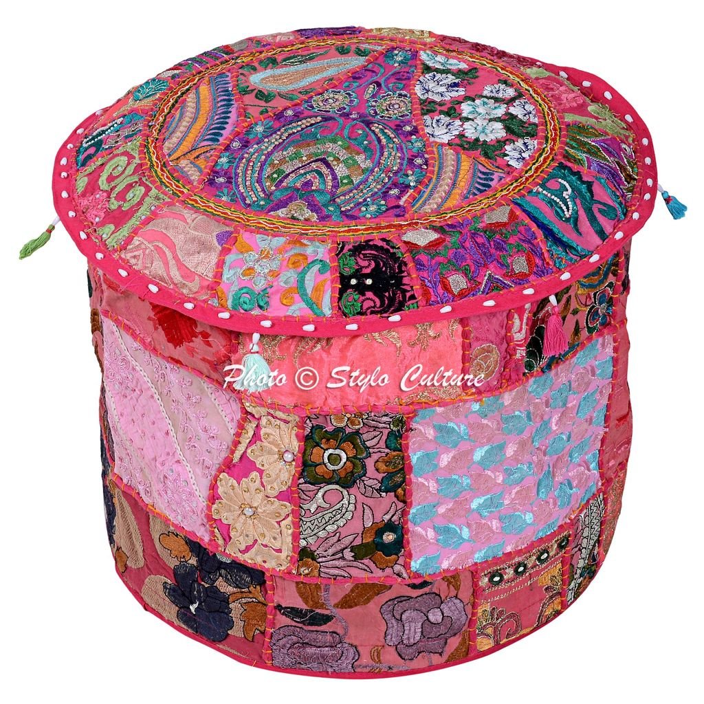 Stylo Culture Decorative Indian Pouffe Seat Cotton Patchwork Embroidered 16" Ottoman Pouffe Footstool Pouf Cover Pink Floral Foot Stool Floor Cushion Cover Ethnic Furniture (16x61x13) (COVER ONLY)