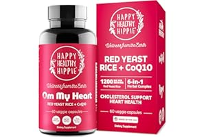 HAPPY HEALTHY HIPPIE Red Yeast Rice with CoQ10 Supplement 1200 mg - Supports Cholesterol Balance, Heart Health & Circulation - Antioxidant Support with Coenzyme Q10 - Non-GMO, Vegan, 60 Ct