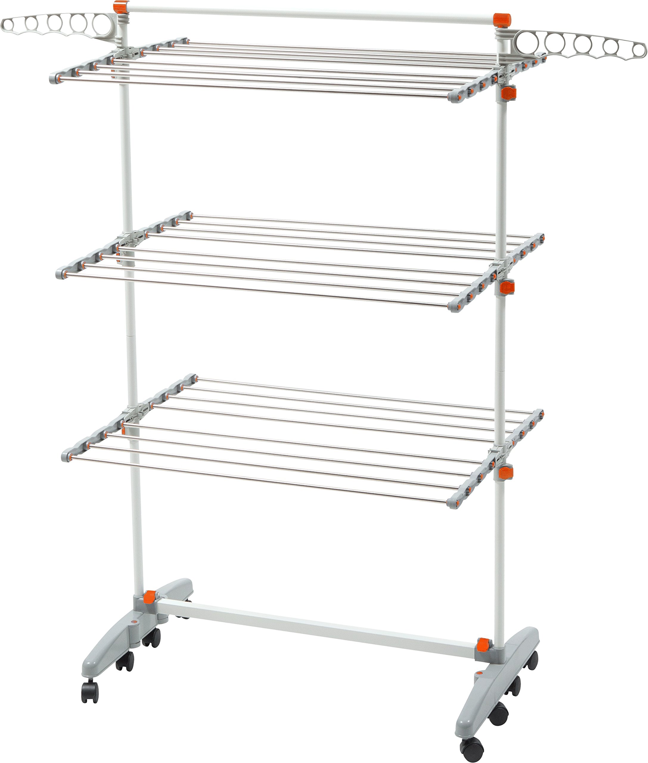 idee BDP-V23 Foldable Rolling 3-tier Clothes Laundry Drying Rack with with Stainless Steel Hanging Rods, Collapsible Shelves and Base for Easy Storage, Made-in-Korea, Premium Size, Orange