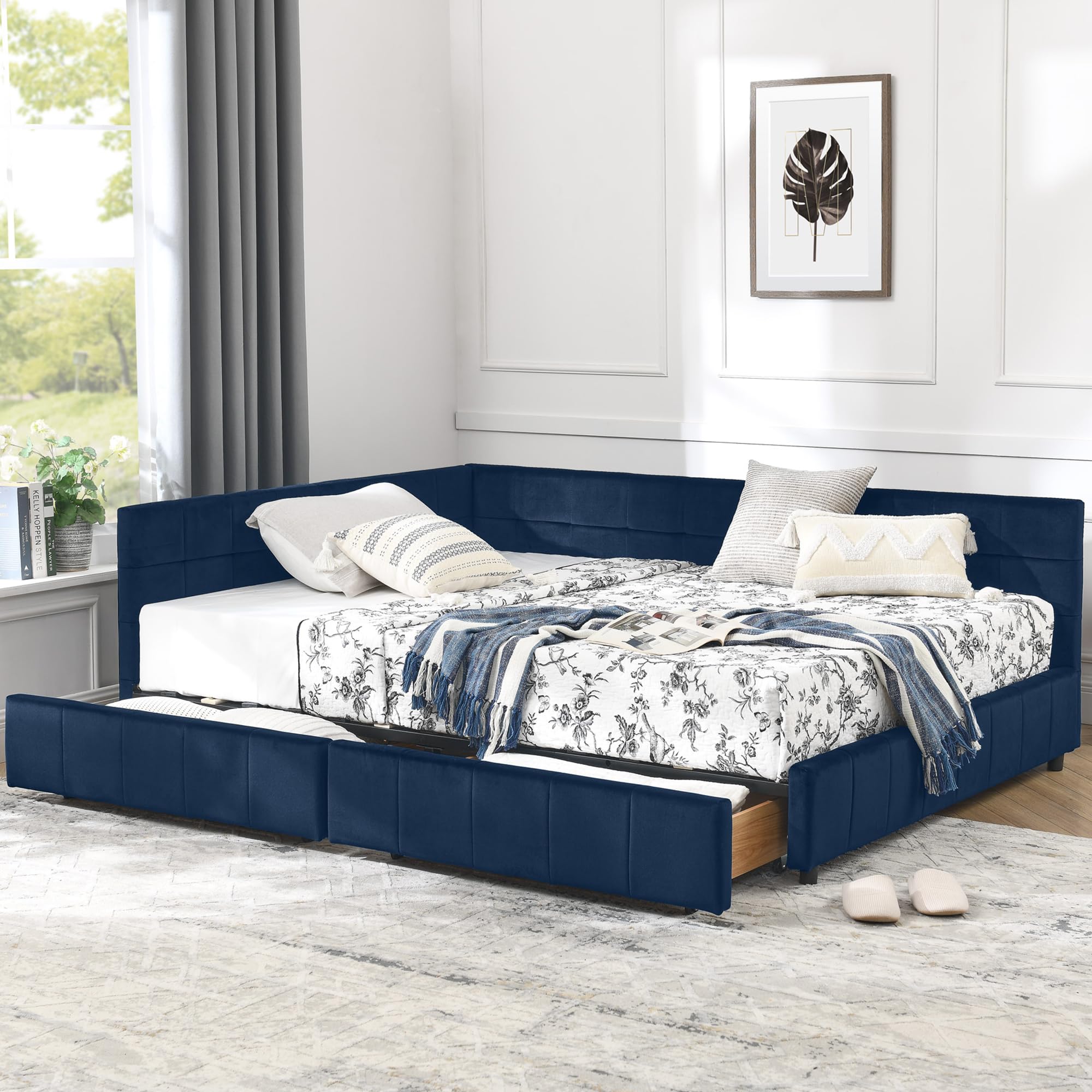 Photo 1 of ***BOX 1 OF 2 ONLY/INCOMPLETE SET***Full Size Corner Bed Frame with Storage Drawers, Comfortable Backrest and Armrests, Velvet Tufted Corner Bed Frame Full Size, Upholstered Daybed for Bedroom, Living Room, Guest Room, Dark Blue