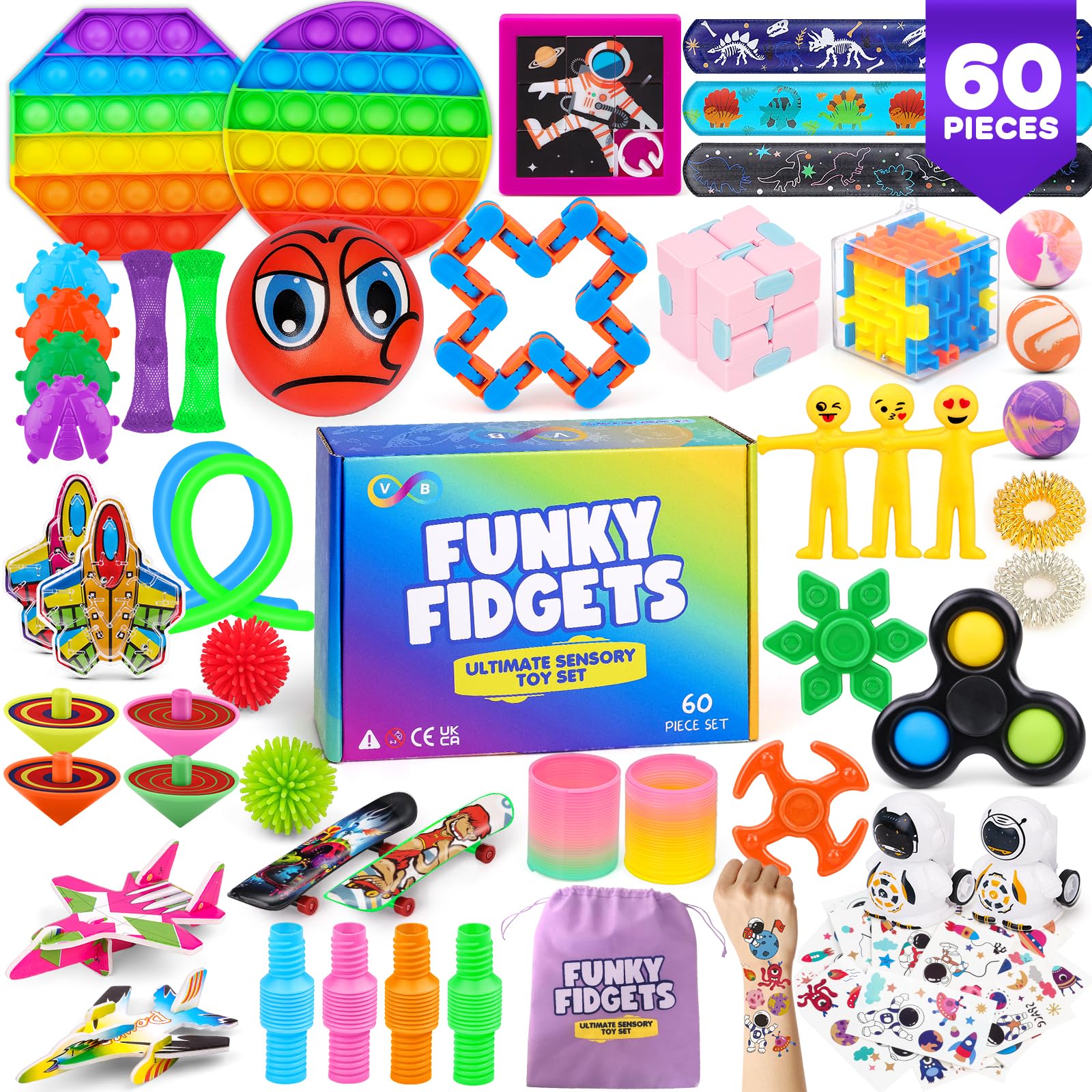 VB Fidget Toys for Kids Set β 60-Pcs Fidget Toys Pack for Pinata Stuffers, Classroom Prizes, Party Favours β Stress Relief Toy Multipack for Kids and Adults, School, Office, Travel