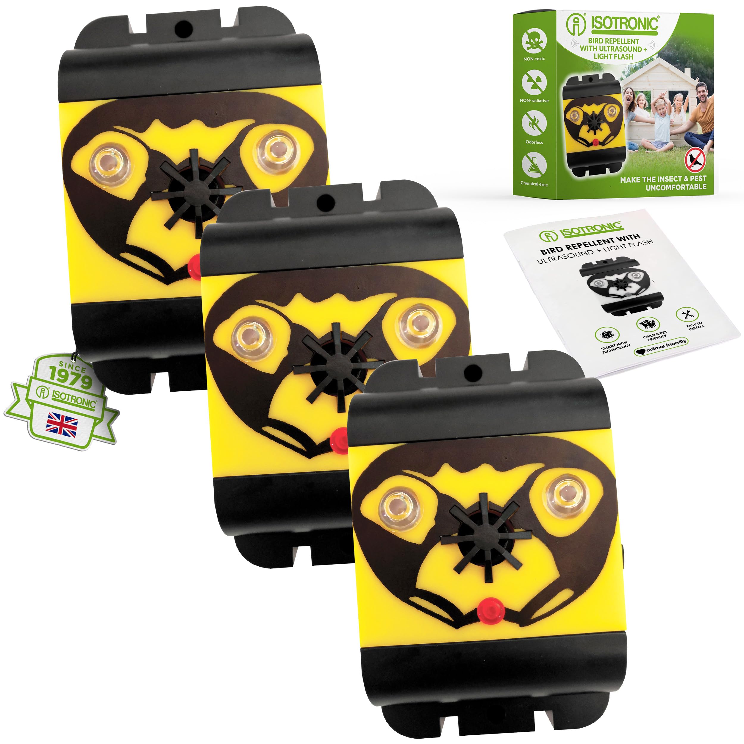 ISOTRONIC® Ultrasonic Bird Repeller device, Battery powered portable Bird Deterrent, Pigeon Scarer - Pack of 3 Pcs.