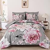 Dintszyayue Floral Comforter Set Queen Size,7 Pieces Grey Pink Floral Print Bed in Bad Elegant Flower Bedding Set for All Season with Flat Sheet, Fitted Sheet, Pillowcases & Shams