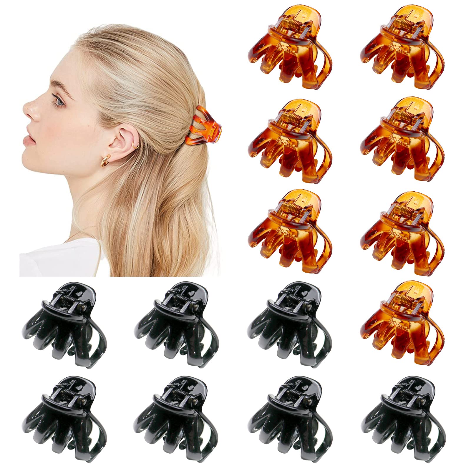 Kavya 14 Pcs Small Claw Clips Stylish Grip Octopus Mini Hair Clips for Fine Hair Plastic Non-Slip Hair Claw Clip Hairstyling Accessories for Women Girls(4CM Black and Brown)