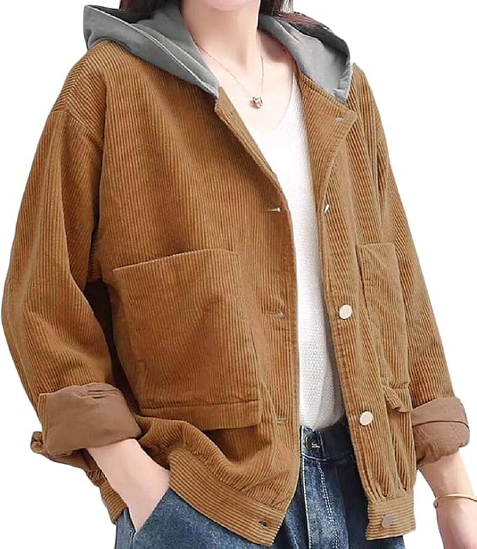 Women's Vintage Corduroy Coat Casual Loose Jacket Button Hooded Outwear Amazon.co.uk