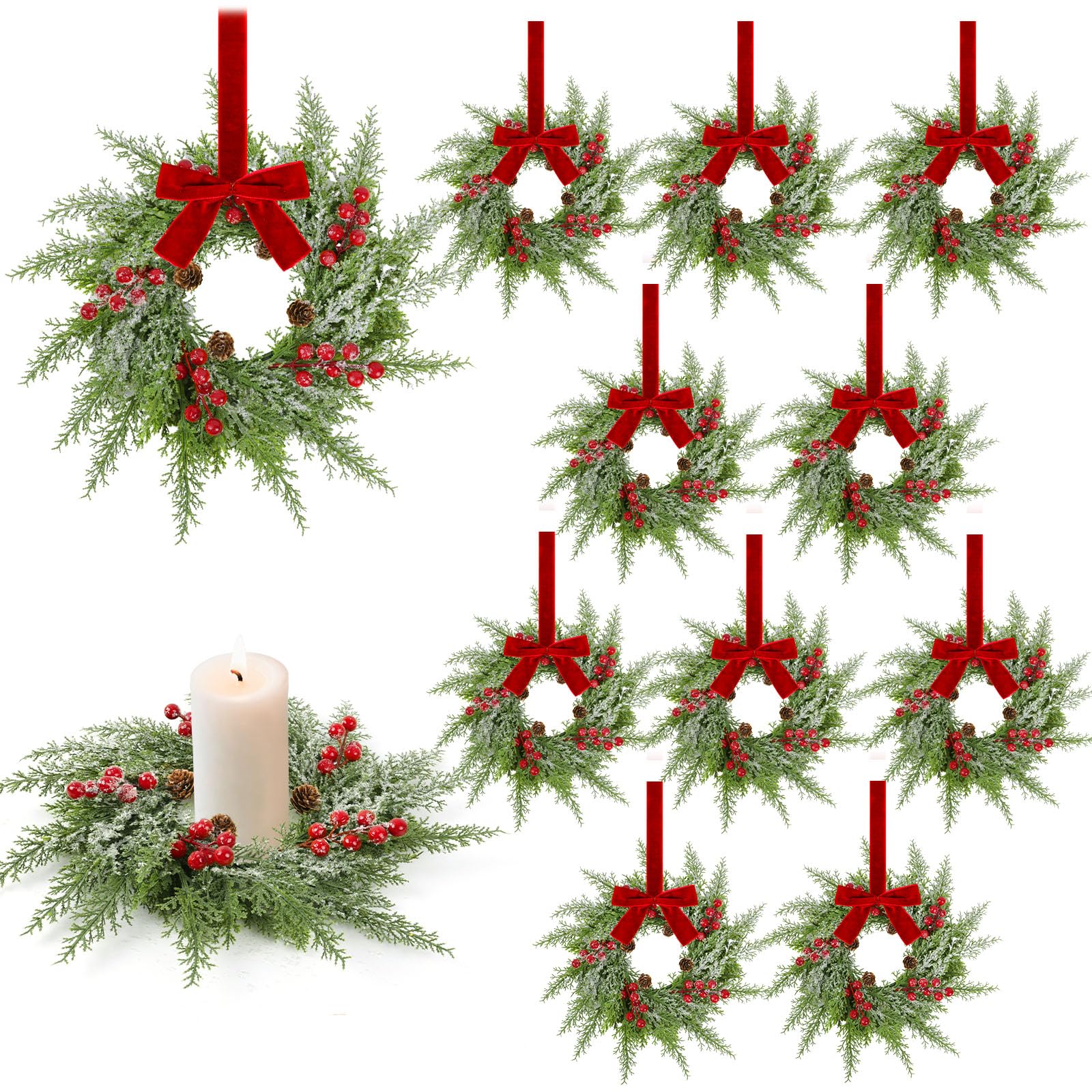 Photo 1 of 12 Pcs Mini Christmas Cabinets Wreath for Kitchen Small Christmas Ceder Candle Rings Wreaths Artificial Norfolk Pine Red Berry Garland Hanging Ornament Farmhouse Wreath for Holiday Xmas Party Decor