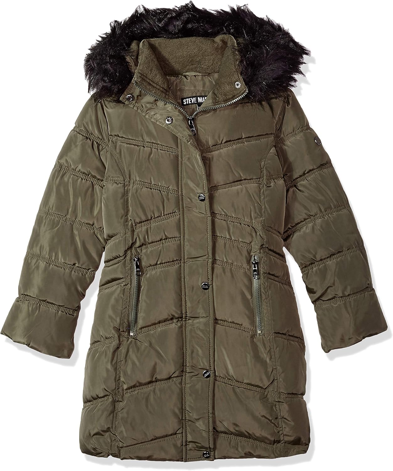 Steve Madden girls Long Jacket With Faux Fur Trim Hood: Clothing