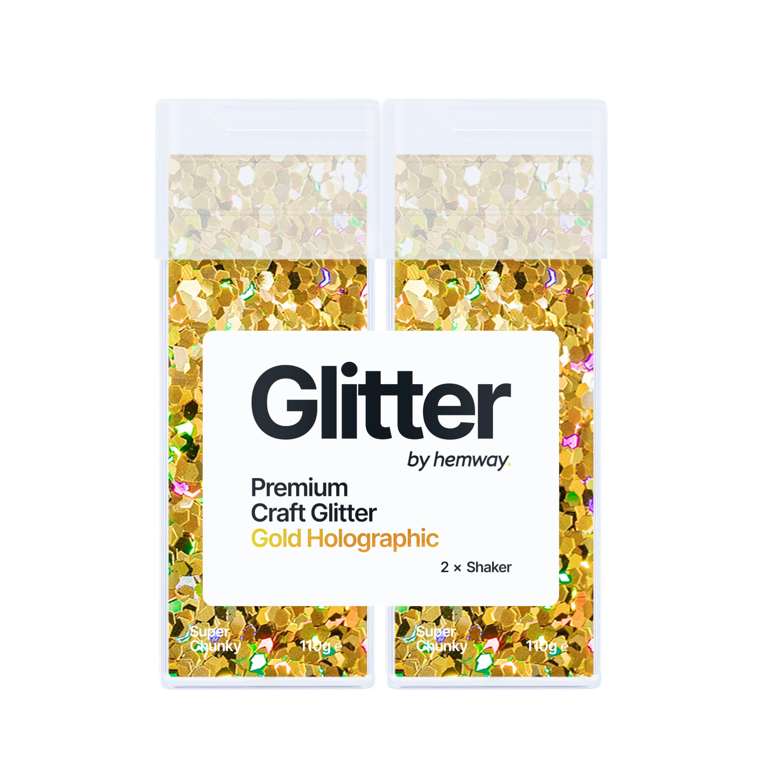 Hemway Glitter Shaker Gold Holographic 110g x2 Pack Super Chunky, Craft Glitter Shakers for Resin & Epoxy Crafts, Christmas Art Supplies, Nail, Body, Face, Eye, Festival, Crafting, Slime, Sparkle