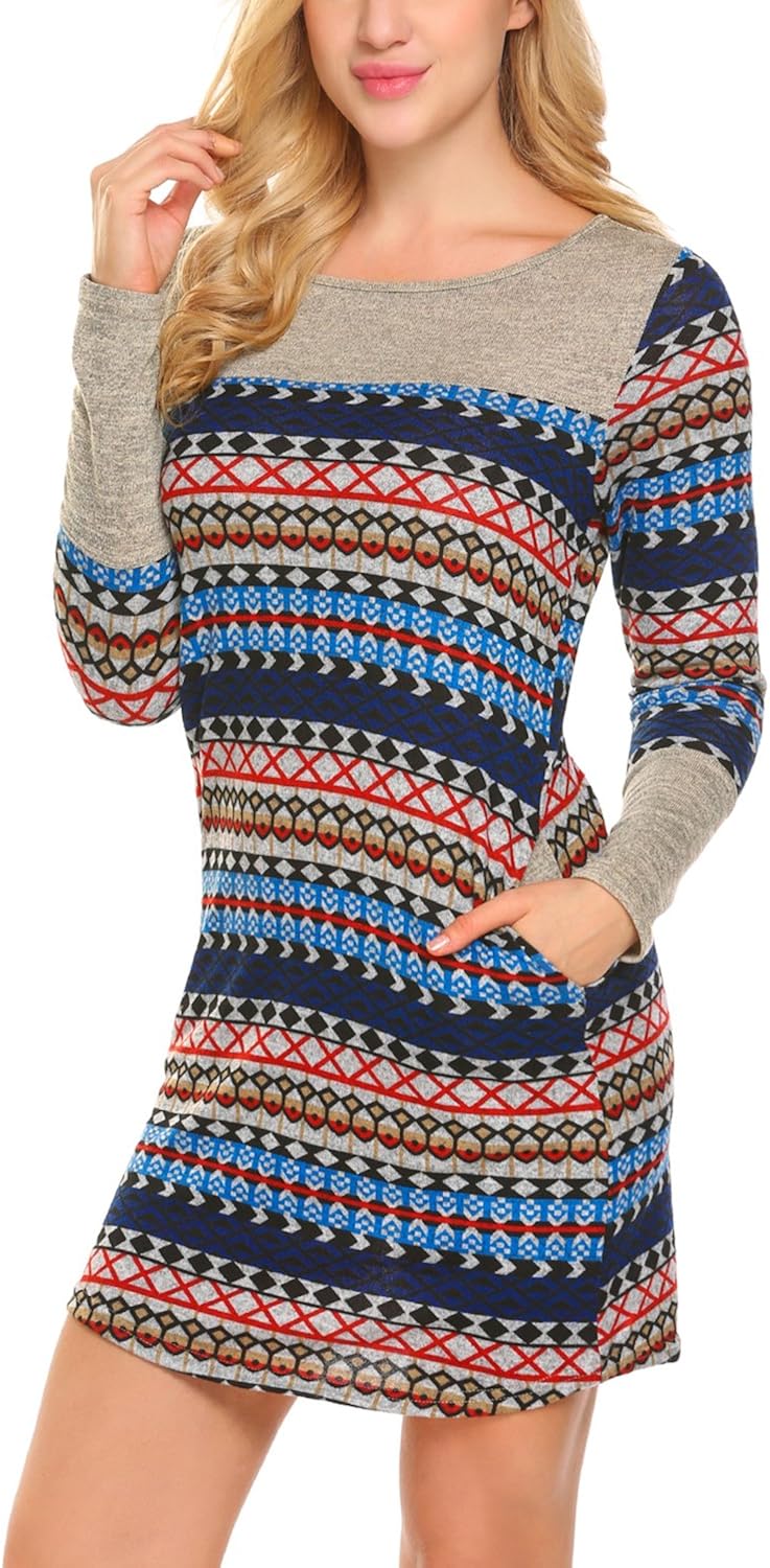Bluetime Women Striped Bodycon Dress Long Sleeve Pullover Knit Mini