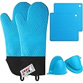 Silicone Oven Mitts and Pot Holders Set, MTZRFLL Extra Long Heat Resistant Oven Gloves with Hot Pads and Mini Oven Mittens for Grilling, Kitchen Cooking Baking, Soft Quilted Lining, Pack of 6 (Blue)