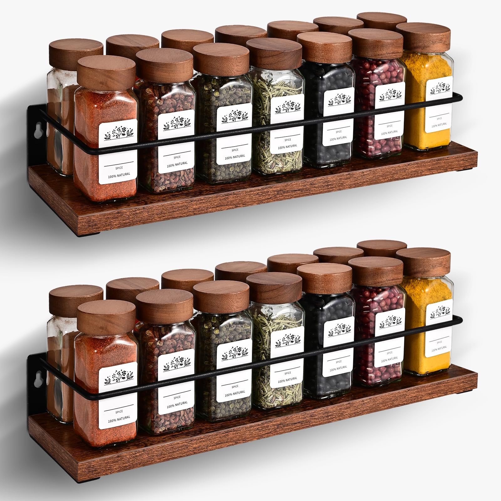 Wilvcsr 2-Tier Spice Rack Wall Mounted（40x9.5x7CM）,Kitchen Shelves Wall Mounted made of Acacia Wood,Kitchen Shelf,Seasoning Organizer for inside Cupboard