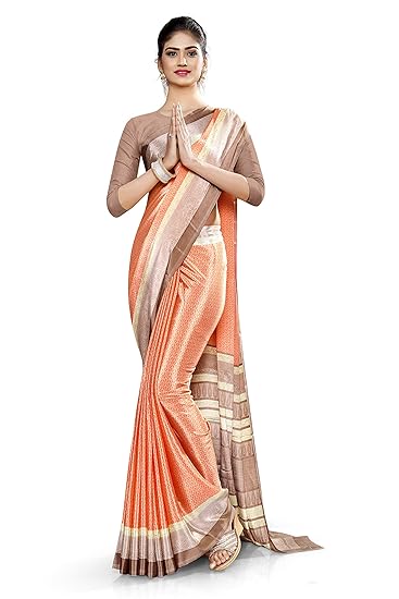Uniform Sarees Corp Womens Italian Silk Crepe School Uniform Saree With Blouse (Peach;Gray)