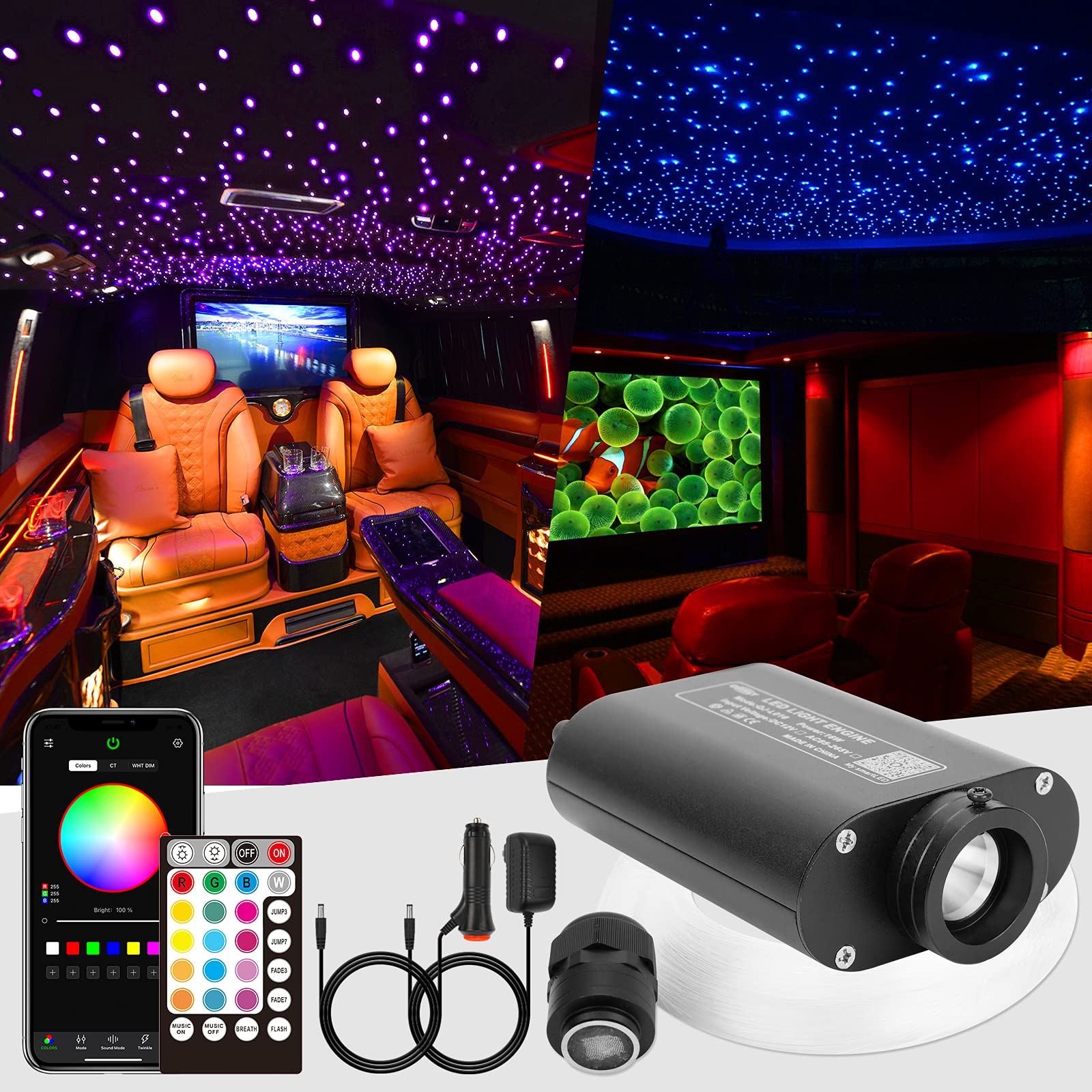 CHINLY Bluetooth 16W RGBW LED Fiber Optic Star Ceiling Lights Kit APP/Remote Control 450pcs*0.03in*9.8ft Optical Fiber + 5 Crystals for Home/Car