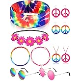 Tudomro 10 Pcs Halloween Hippie Costume Accessories Hippie Sunglasses Bracelet Earrings Necklace Tie Dye Headband for 60s 70s