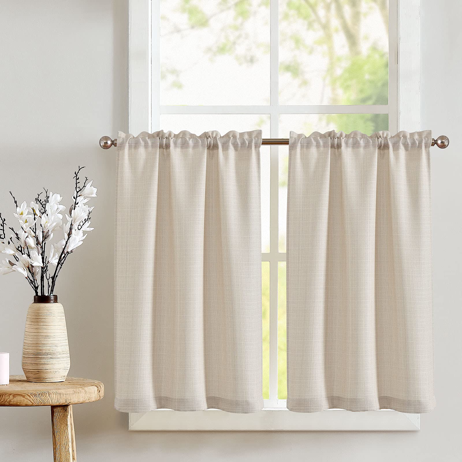TOPICK Beige Kitchen Curtains 36 Inch Drop Small Cafe Curtains Linen Textured Light Filtering Curtain Tiers for Bathroom Sink Rod Pocket 2 Panels