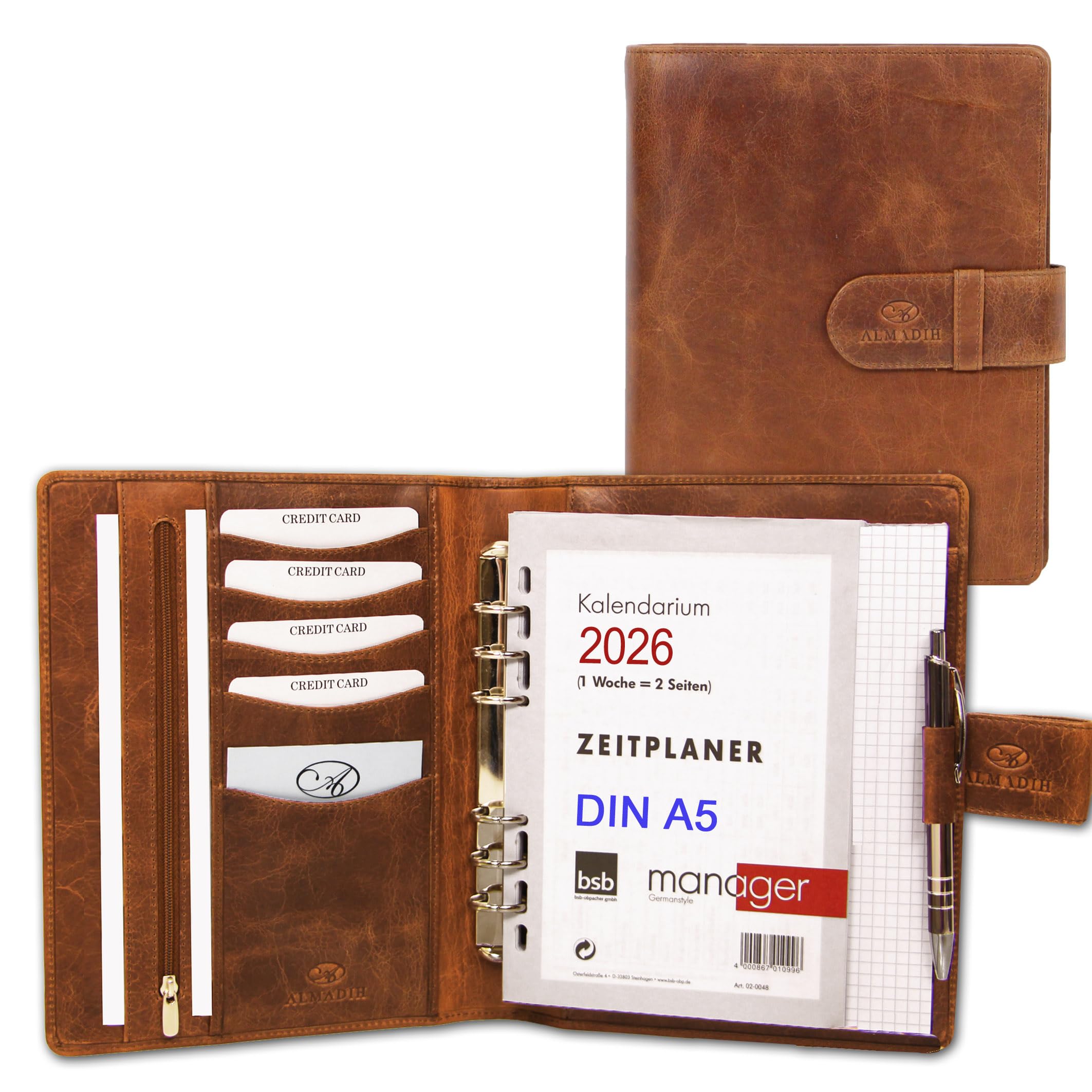 ALMADIH Leather A5 Planner with Rings, Calendar 2025 Writing Pad Premium Cow Leather brown delux Personal Organiser Conference Folder System Ring Binder Zipper Portfolio Folio Workbook Datebook