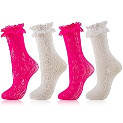 MKYSZLT Women White Lace Socks Hot Pink Ruffle