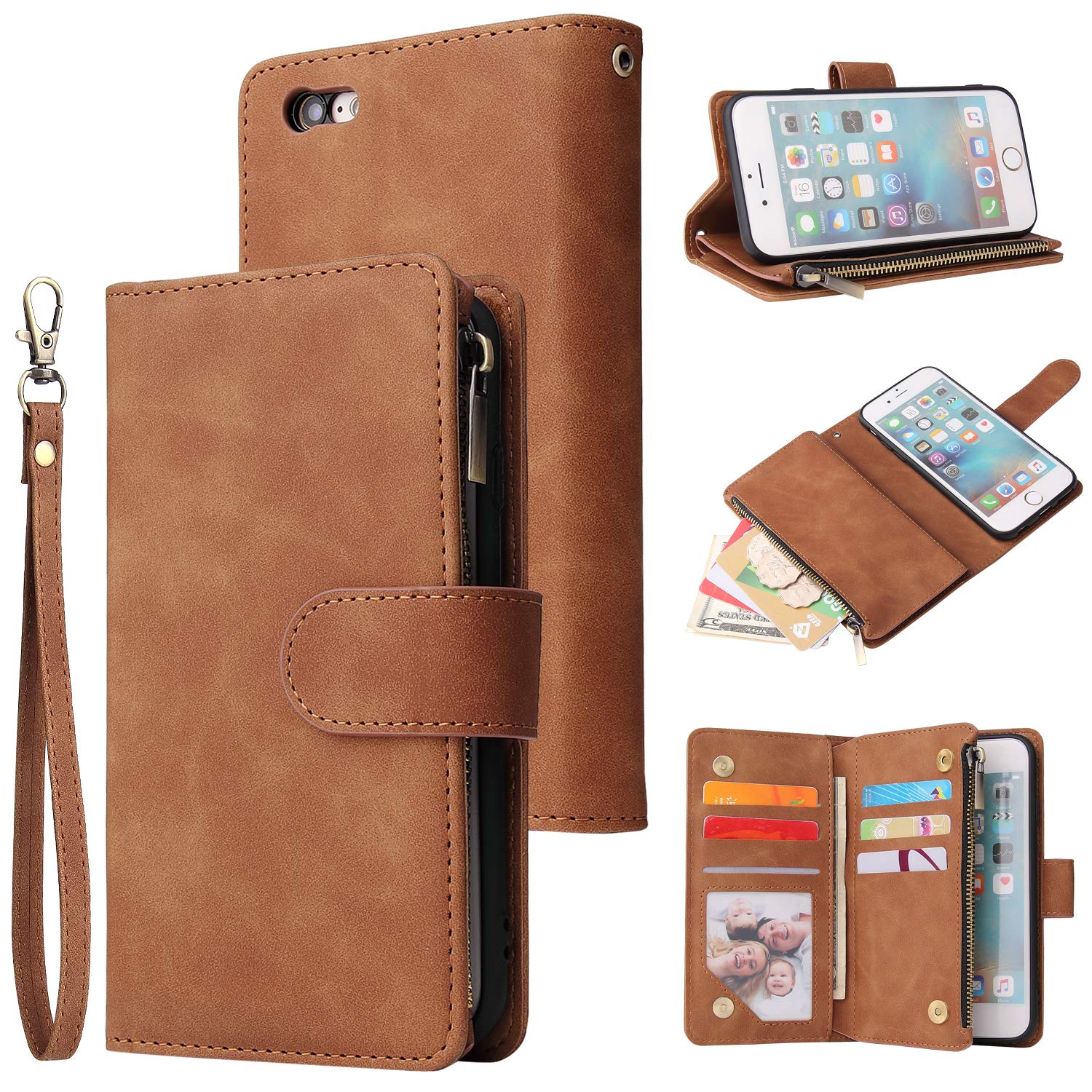 UEEBAI Wallet Case for iPhone 6 6S, Premium Vintage PU Leather Magnetic Closure Handbag Zipper Pocket Case Kickstand Card Holder Slots with Wrist Strap TPU Shockproof Flip Cover - Brown