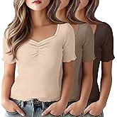 LessonZoo 3 Pack Girl's Short Sleeve Shirts Ribbed Knit Sweetheart Neck Cotton Tops Kids Lettuce Trim Summer Cropped Tees