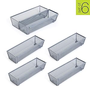 Smart Design Steel Metal Mesh Drawer Organizer w/Interlocking Ends - Utensils, Flatware, Organization - Kitchen (9 x 3 Inch) [Silver] - Set of 6