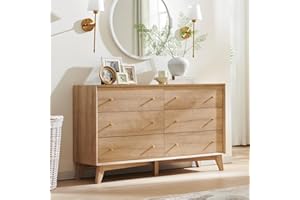 T4TREAM 6 Drawer Dresser, 54" Wide Mid Century Modern Chest of Drawers, Beveled Profile Design, Dresser TV Stand, Wood Drawer Organizer for Bedroom, Living Room, Hallway, Natural Oak