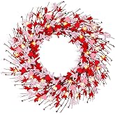 Valentines Day Decorations - 20 Inch Valentines Wreath, Artificial Lighted Pink Forsythia Wreath with Hearts Berries, Spring Summer Wreaths for Front Door Home Windows Wall Party Outdoor Indoor Decor