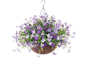 Ammyoo Artificial Hanging Flowers with Basket for Outdoor, Artificial Violets Arrangements UV Resistant Artificial Plants Flowers for Patio Garden Porch Deck Spring Summer Decoration(Purple)