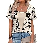 WIHOLL Womens Summer Tops Trendy 2 in 1 Blouses Short Sleeve Shirts Casual T Shirts Beach Vacation Clothes