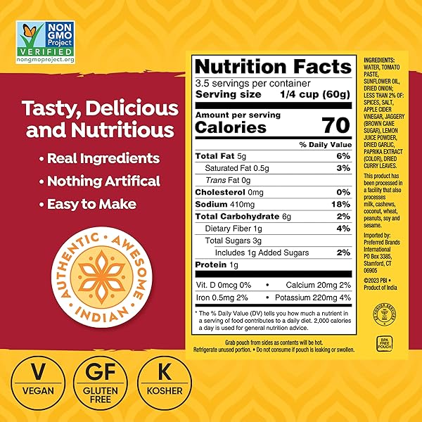 TASTY BITE GOAN STYLE SPICY VINDALOO SIMMER SAUCE, 7-OUNCE 5-PACK, 3-4 SERVINGS PER POUCH, VEGAN, KOSHER, NON GMO