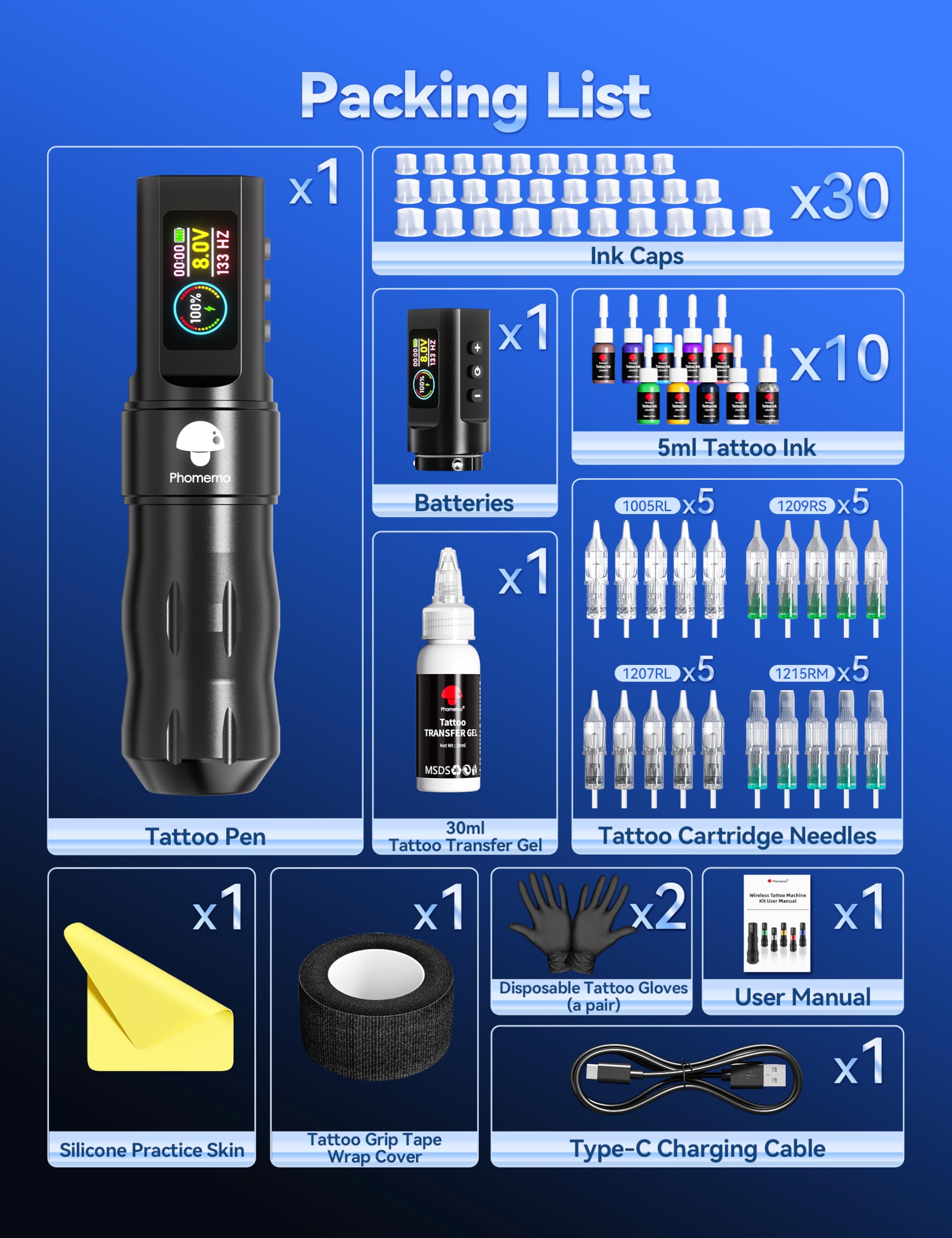 Phomemo Tattoo Gun Kit, Wireless Tattoo machine Kit for Beginners Complete Set, Tattoo Pen with 20 Tattoo Cartridge Needles, Tattoo Practice Kit with 1 Batteries