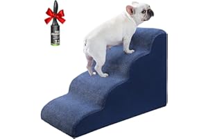 RYOIZEN Dog Stairs Ramps for Small/Medium Dogs to High Beds and Couch, 4-Step Dog Steps with Sturdy High-Density Foam, Pet Stairs with Non-Slip Bottom for Puppy and Cat, Gifts Hair Remover Roller, Blue