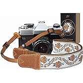 Padwa Lifestyle Camera Strap - 1.5" Crazy Horse Cowhide Head Cotton Strap,Vintage Embroidery Camera Straps for Photographers and All Cameras,Cute Adjustable Shoulder Neck Strap for Adults & Kids