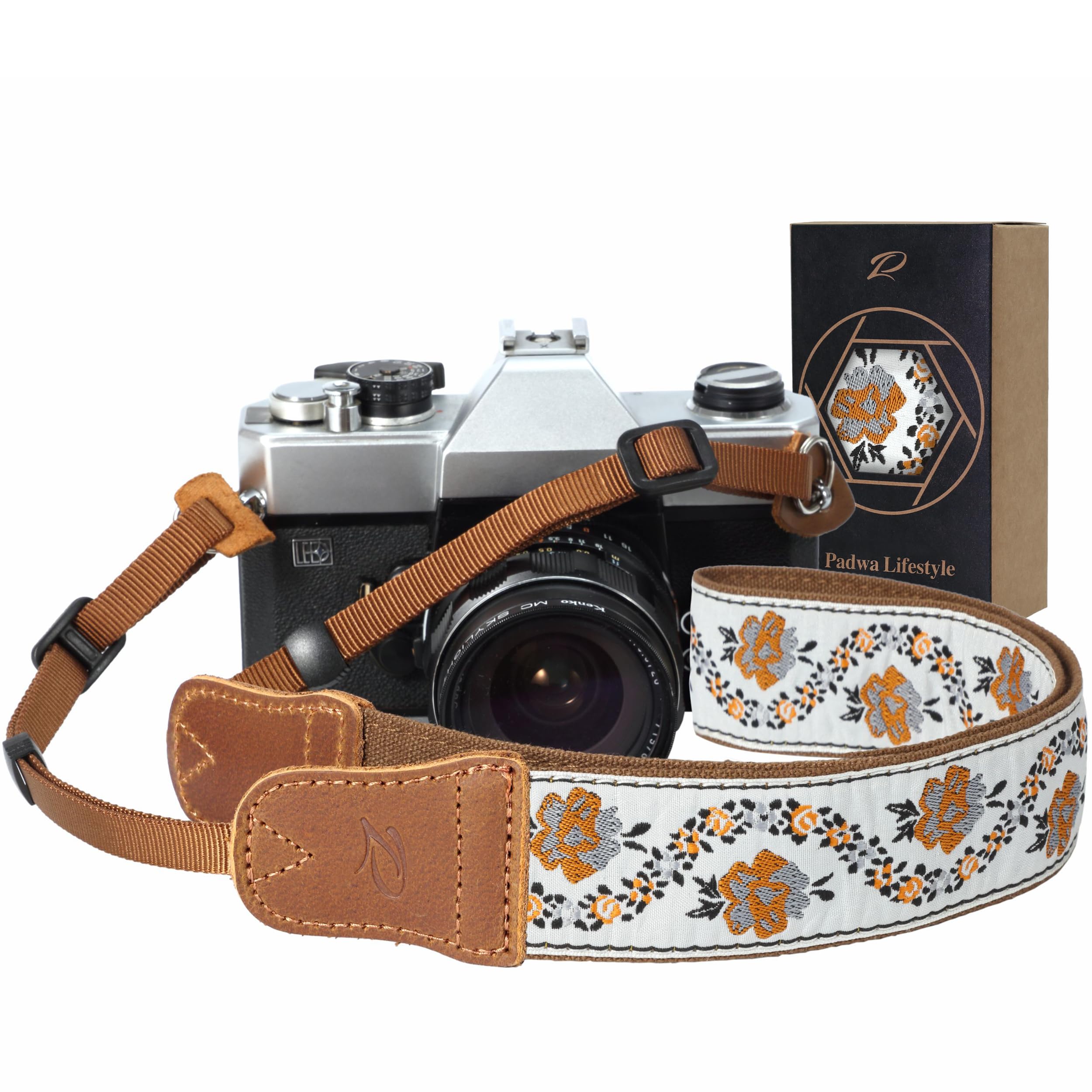 Camera Strap - 1.5" Cowhide Head Shoulder Neck Strap ,Retro Jacquard Embroidery Multi-pattern camera straps for Cameras and Binoculars,Cute Adjustable Thin Strap for Adults & Kids(Yellow Jacquard）