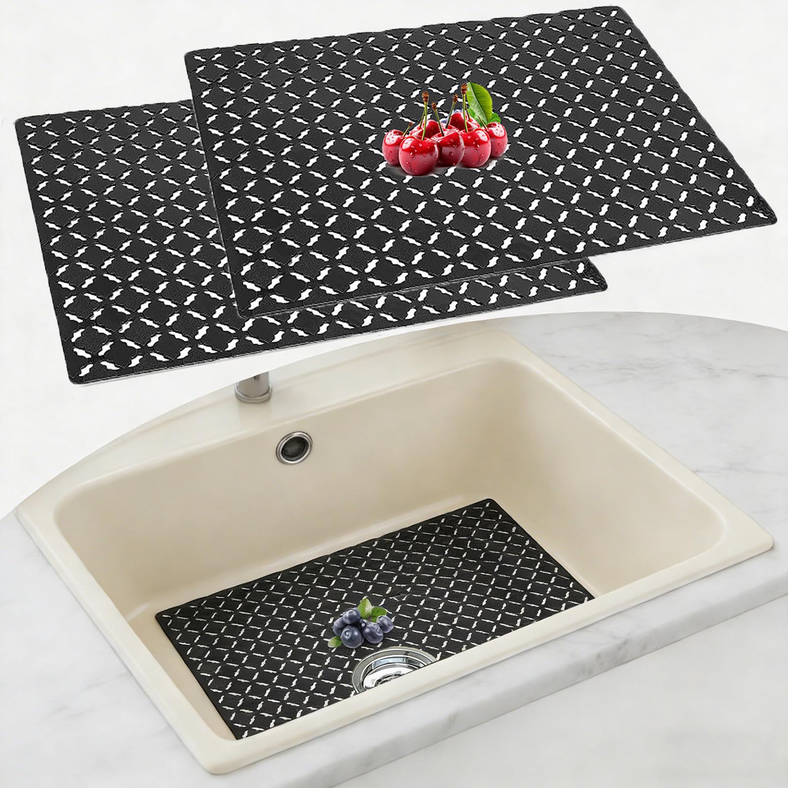 Sink Mat, 2Pcs Kitchen Sink Mat, Adjustable Sink Protector Mat for Ceramic/Stainless Steel Sinks, Sink Mat Protector for Kitchen, Fast Draining Mat for Bathroom Kitchen Sink Countertop,12.5x15.7in