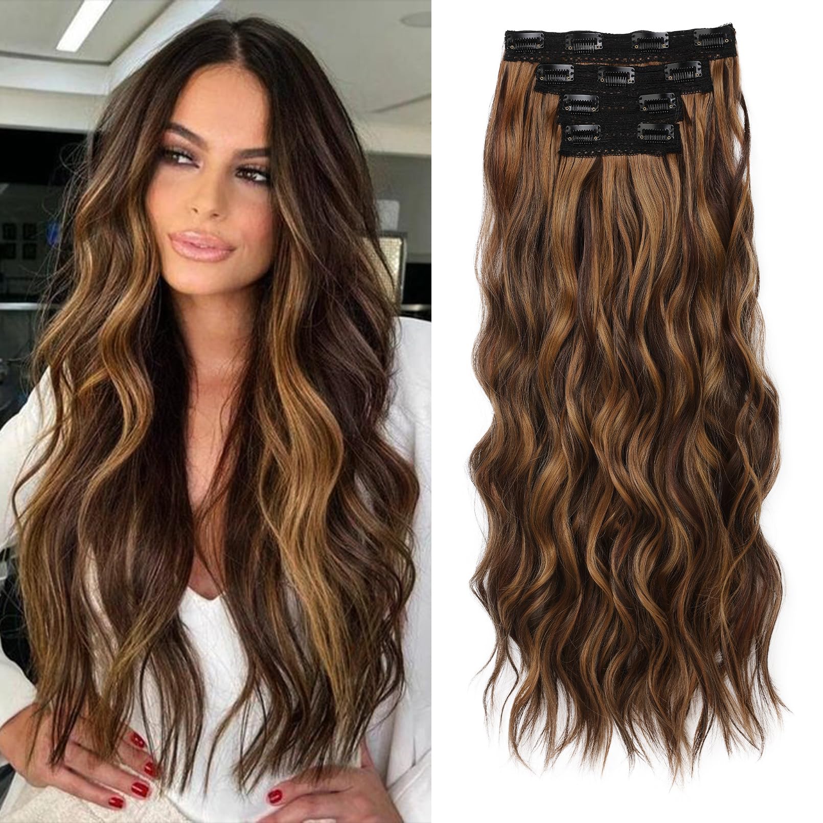 Photo 1 of REECHO Clip in Hair Extensions, 4PCS BHair Extensions 24" Thick Long Beach Waves hair extensions HE003 Invisible Lace Weft – Chocolate Brown with Golden Highlights