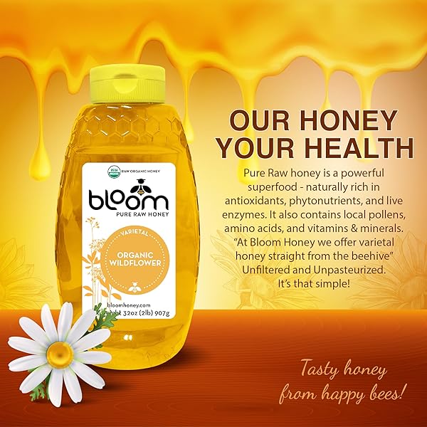 BLOOM HONEY 100% PURE ORGANIC RAW UNFILTERED AND UNPASTEURIZED RAW HONEY (WILDFLOWER, 32OZ)