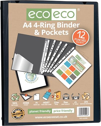eco-eco A4 65% Recycled 4 Ring Binder with 12 Multi Punched Pockets Black